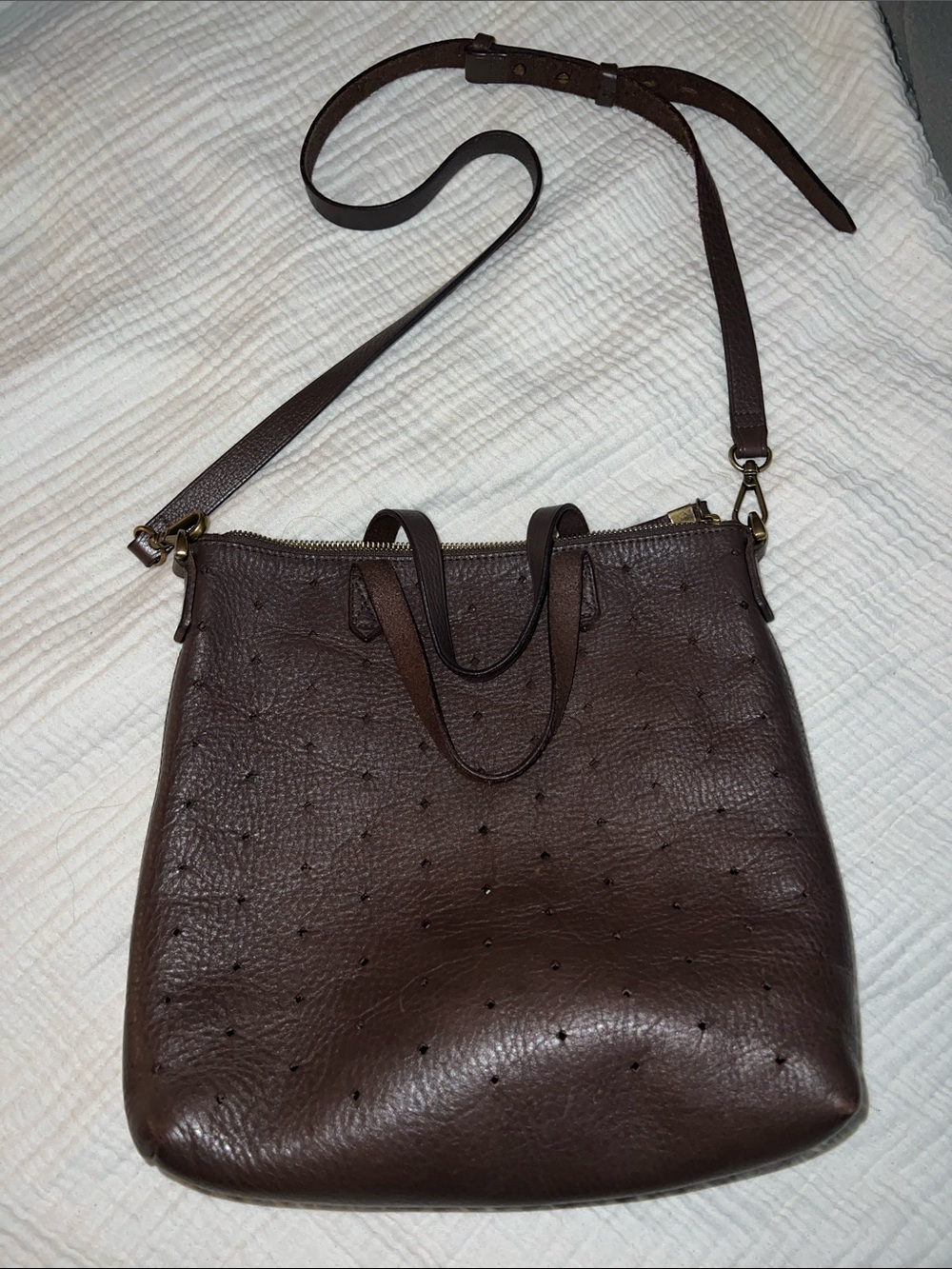 Madewell Chocolate Brown The Transport Perforated Leather Crossbody Tote Medium